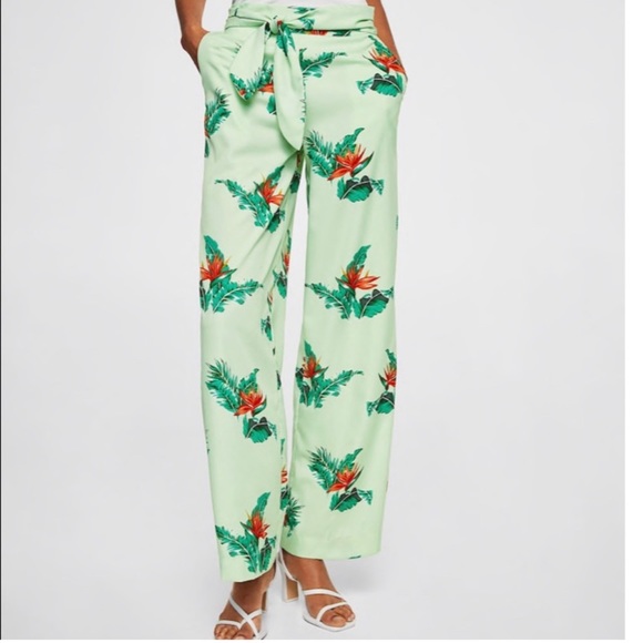 NWOT Mango floral wide leg pants in green boho leaf flower print size large - Picture 5 of 16